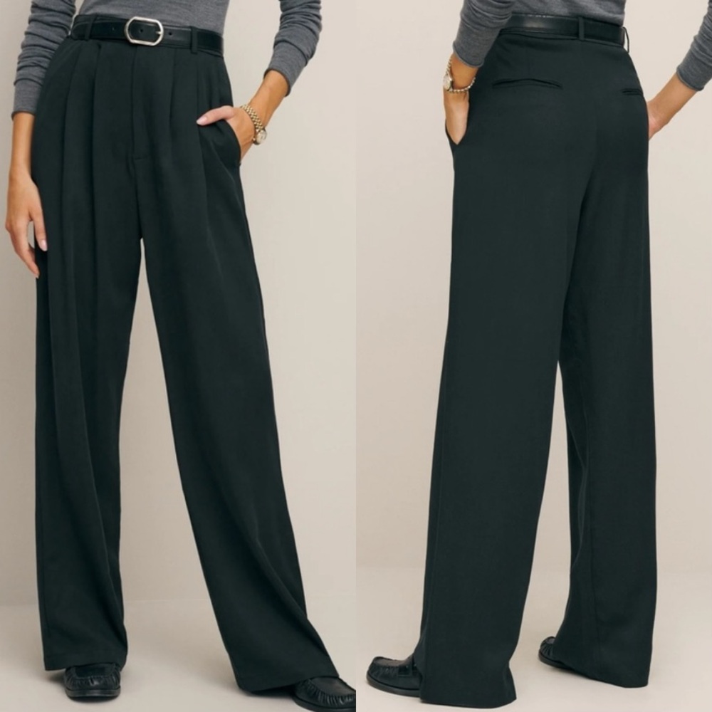 Reformation Mason Twill Pant Black Pleated Wide Leg Trousers 6